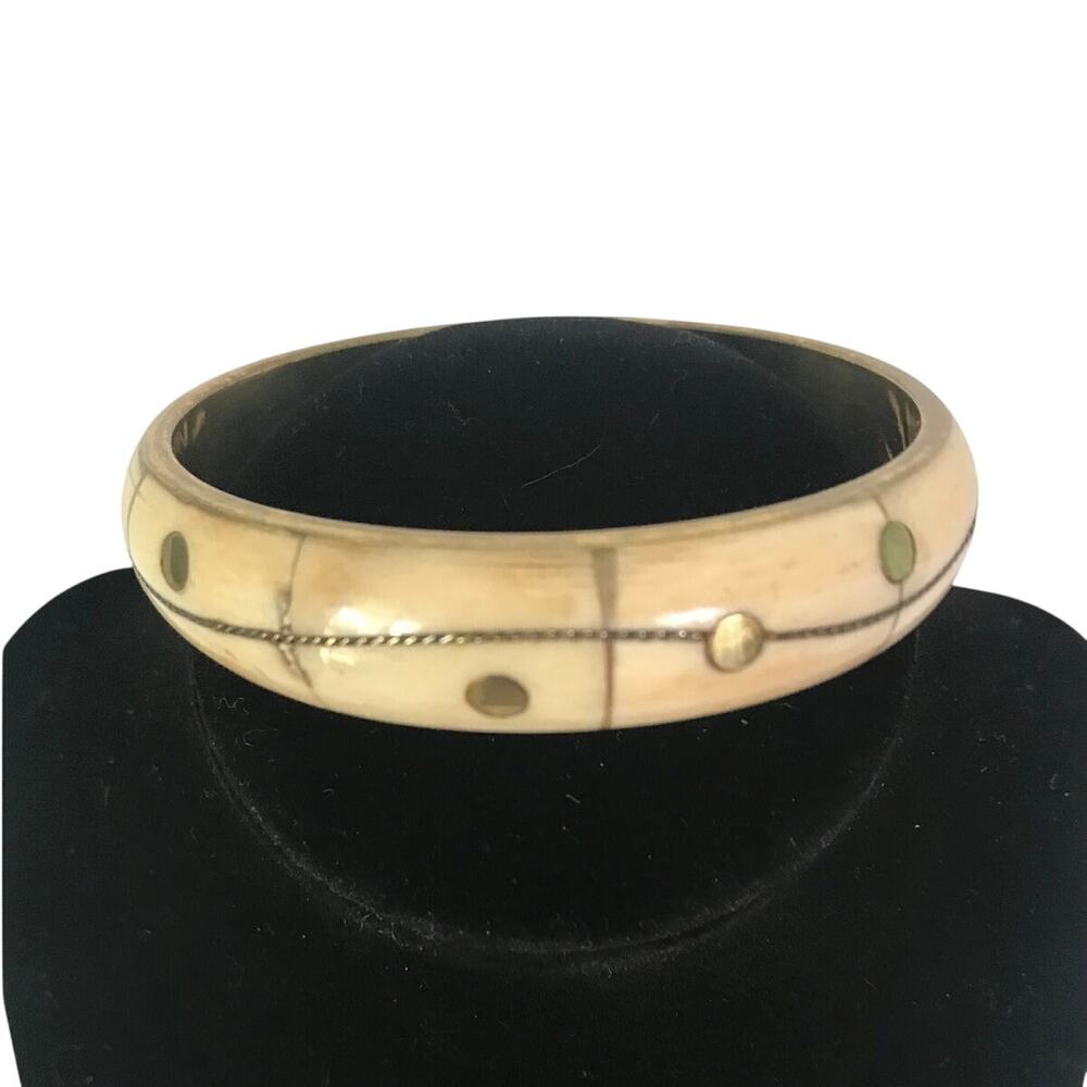Vintage Bracelet Bangle Chunky Brass Inlay Camel Bone Panel Boho Tribal India